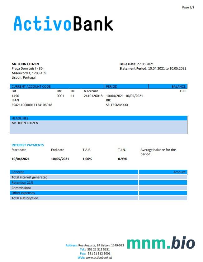 Portugalia Activobank S. A. szablon w formacie excel pdf